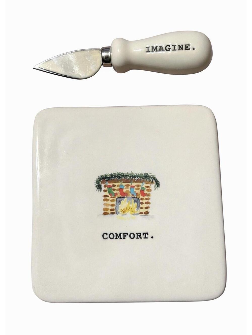 Rae Dunn Comfort Christmas Fireplace Trivet Cheese Plate Ceramic Square 5-7/8"